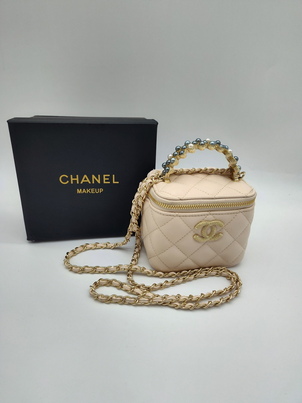 CHANEL Makeup Blush Pink Quilted Vanity Case Pearl Handle Chain Mirror Box NIB